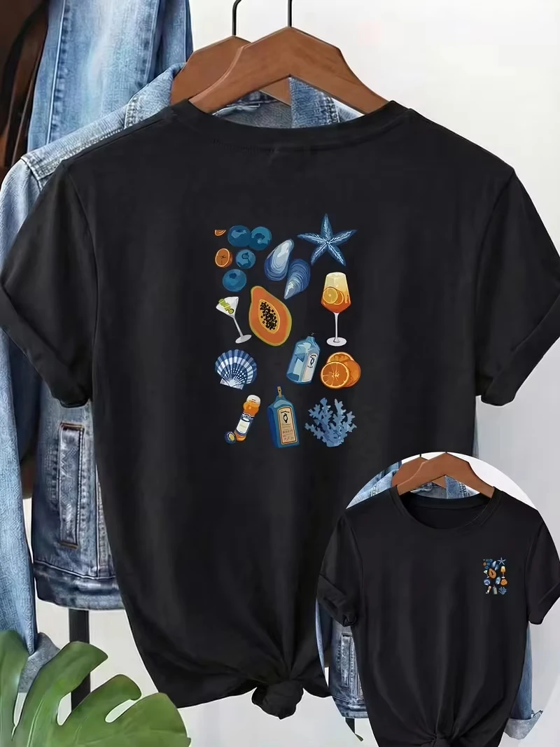 Unisex T‑shirt Ocean Fruit Cocktail Graphic Tee Crew Neck Short Sleeve Seashell Starfish Mixed Elements Print Casual Vacay Top