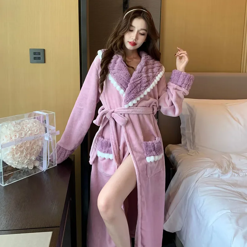 

Women Winter Bathrobe Long Sleeve Warm Ladies Kimono with Sashes Turn Down Collar Fleece Thick Warm Dressing Gown for Female