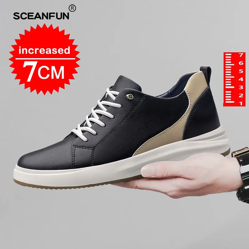 Sapatos casuais de couro genuíno para homens, tênis brancos, calçados masculinos, aumento de altura, palmilha de 7cm