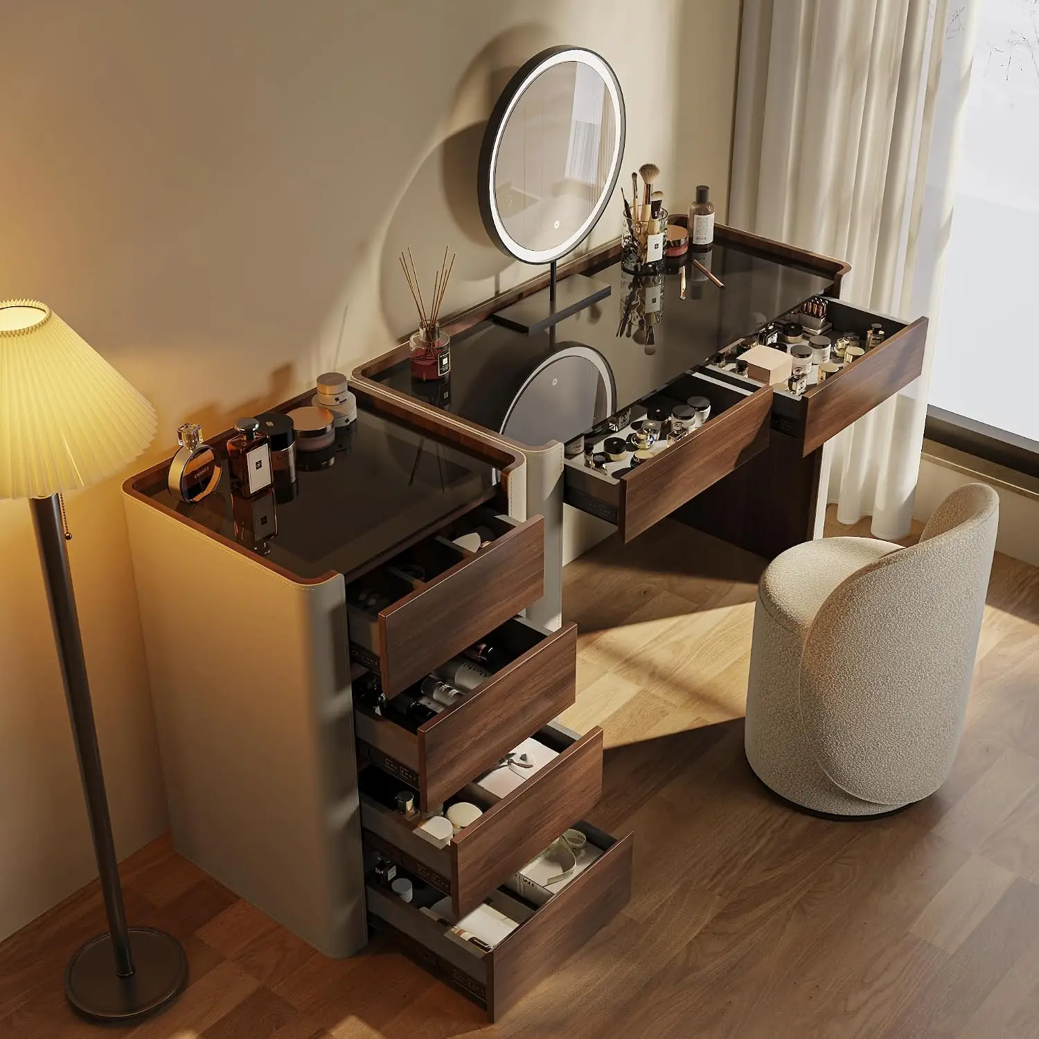 Modern Makeup Vanity Set with LED Lights, Leather Stool & Tempered Glass Top - Spacious Dressing Table with Storage Drawers, Adj