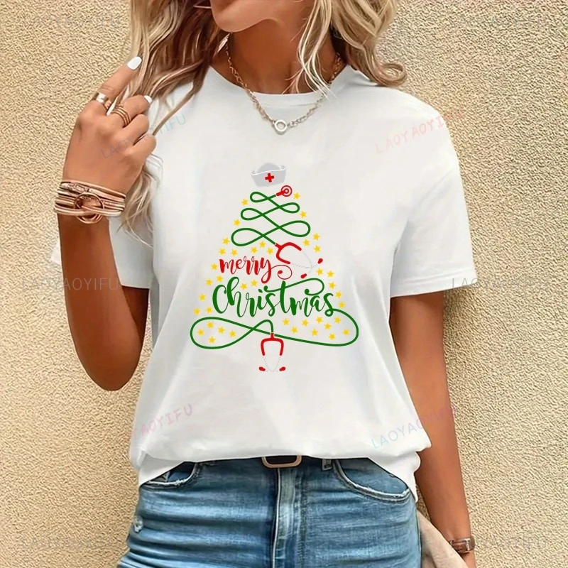 Merry Christmas Printed Shirt, Everyday Casual Clothing for Medical Staff To Celebrate Christmas, Fashion Cotton 0 Neck T-shirt
