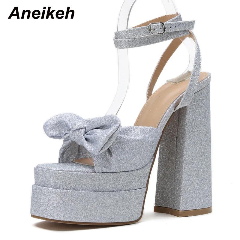 Aneikeh Classics Butterfly-Knot Decoration Women Platform Sandals Fashion Open Toe Ankle Buckle Strap High Heel Wedding Pumps