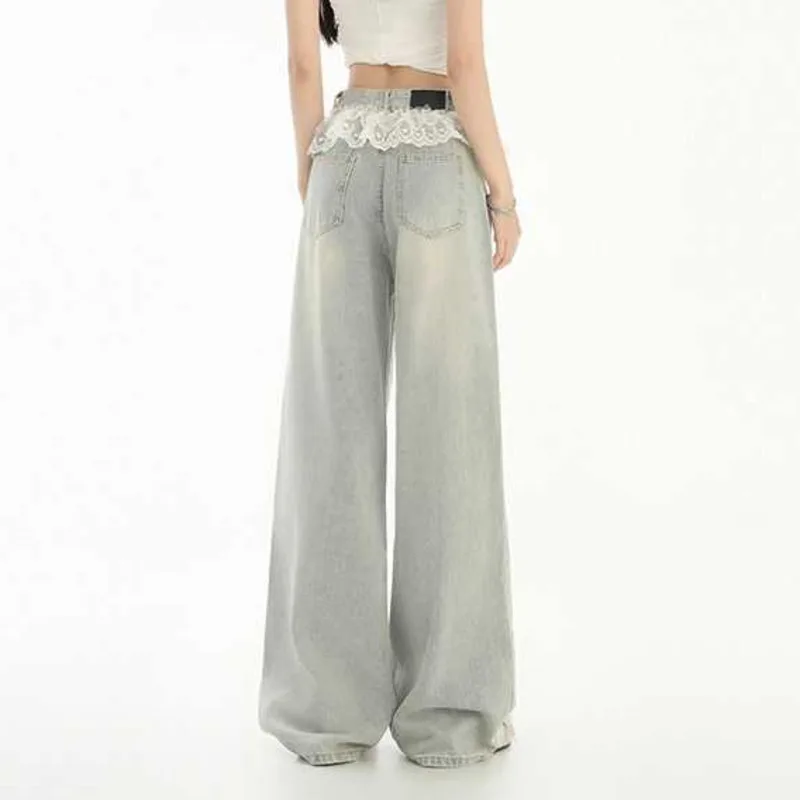 ANJY otoño nueva moda mujer elegante fresco encaje Trim Casual versátil pantalones vaqueros rectos moda Chic marea Simple pantalones vaqueros A13088