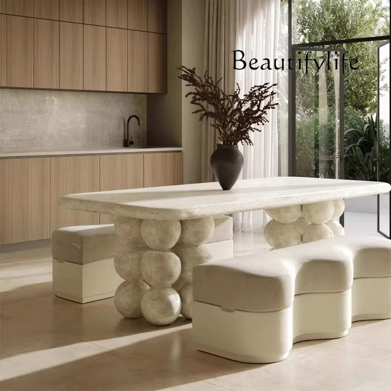 Natural marble French dining table antique spherical leg design villa restaurant rectangular personalized dining table