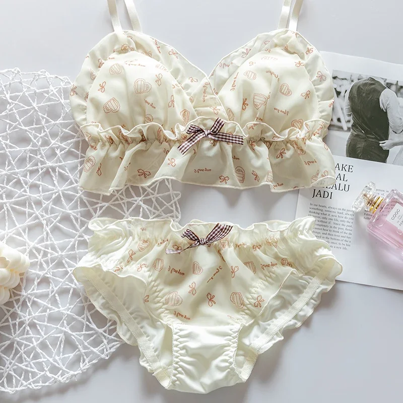 Cute Underwear Set Women Young Girl Chiffon Ruffles Lingerie Japanese Sweet Lolita Love Bow Printing Students Bra & Panties Set