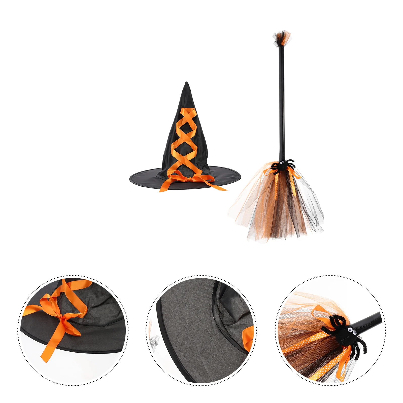 Accessoires de Costume de ixd'Halloween, Chapeau, Balai de Sorcière, Ruban à Paillettes, Décor Décoratif, Kit d'Accessoires