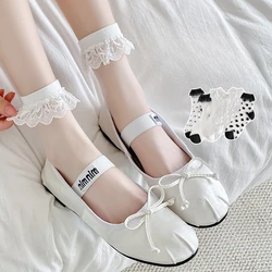 Heart Print Lace Ruffle Socks Women Summer Ultra-thin Transparent Crystal Silk Socks Polka Dot Cute Black White Nylon Long Socks