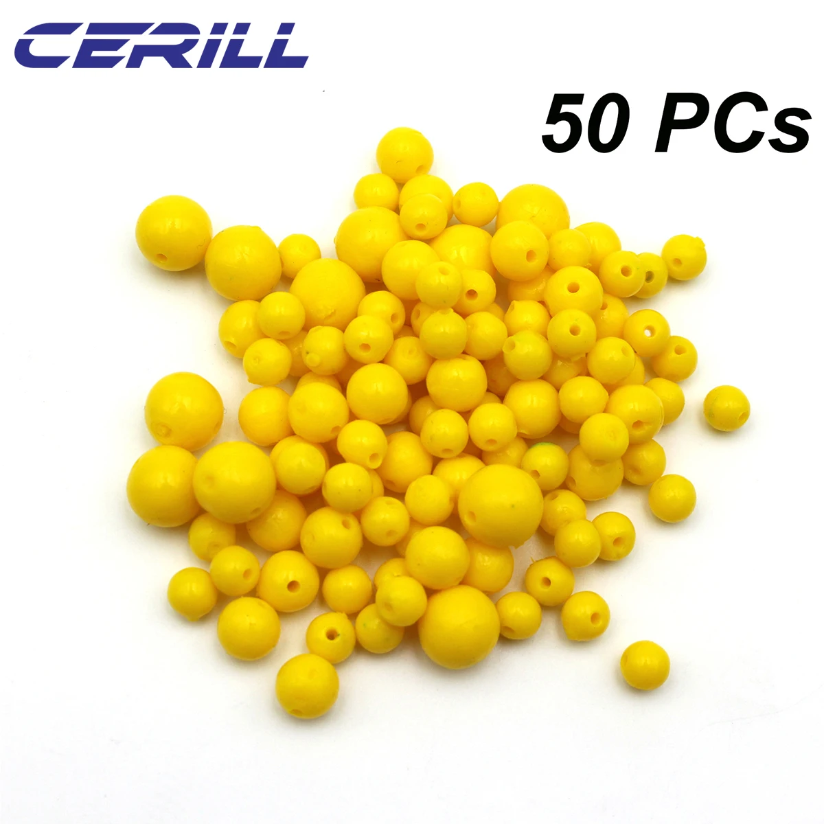 Cerill Lot 50 Bead Grub Bait Floating 7mm -15mm Soft Fishing Lure Artificial Smell Round Ball Plastic Silicone Rig Swimbait