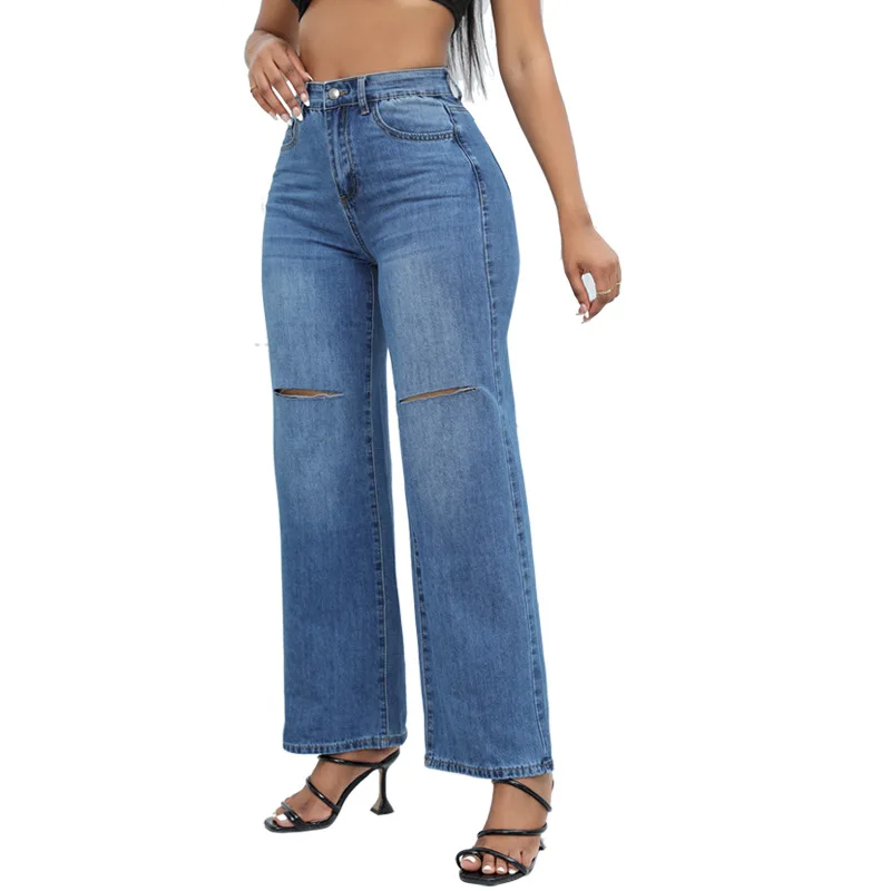 

Women Knee Hole Loose Wide Leg Jeans Pants Bleached Full Length High Waist Denim Pants Jeans