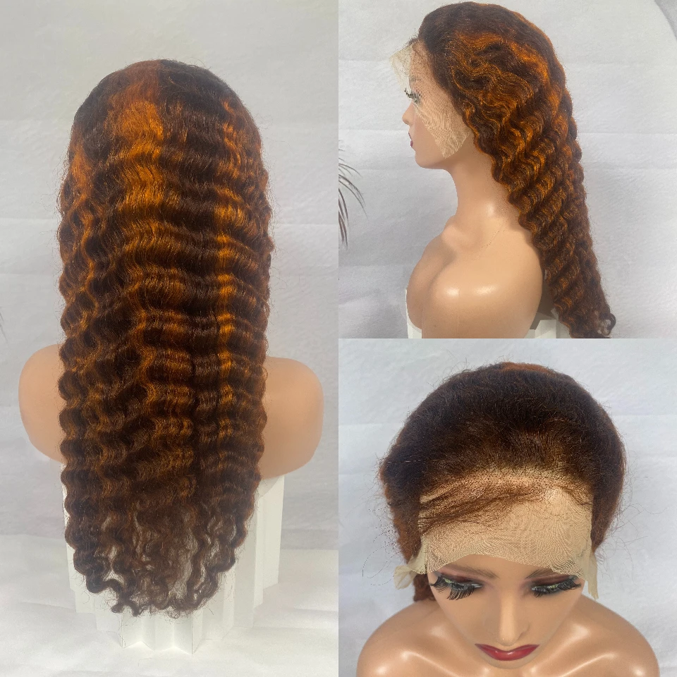 Human Hair 4/350 Color Deep Wave 13x4 Lace Frontal Wig with 13x4 Lace Frontal 24 inch 200% Density For Black Women On Sale