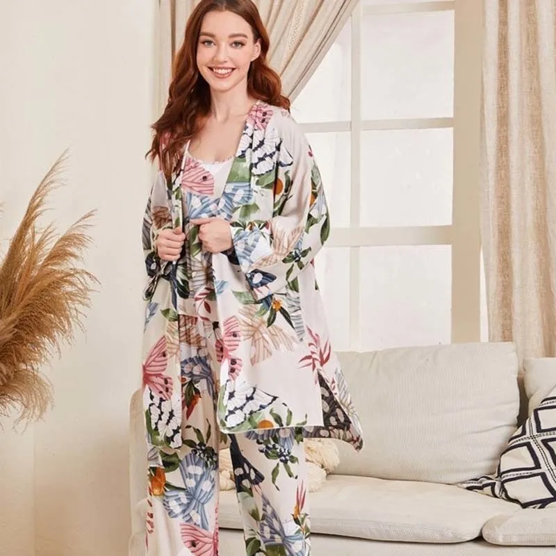 New Cotton Viscose Ladies Three-piece Pajamas Set Women Spring and Autumn Comfortable Soft Home Suit Robes with Pants Pajamas