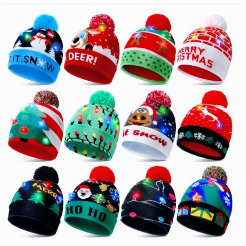 LED Christmas Knitted Hat Light Up Xmas Beanie Cap Unisex Winter Warm Sweater Hat with Colorful LEDs for Navidad  New Year Happy