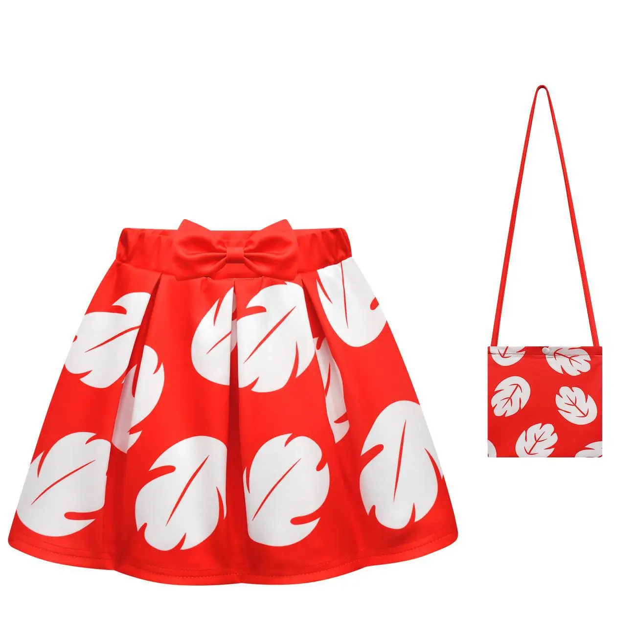 Cute Anime Lilo Tropical Cartoon Top skirt Bag for Girls Summer Hawaiian Red Leaf Pattern Cosplay Halloween kids Outfit