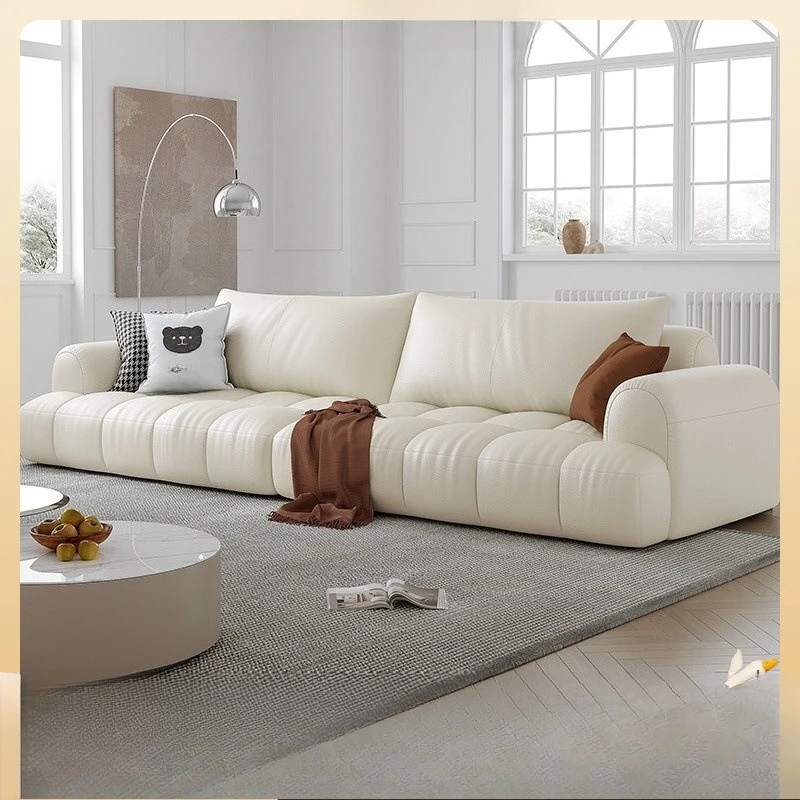 Sofa French Cream Style Living Room Modern Light Luxury Marshmallow Straight Line Piano Keys Leather Sofa