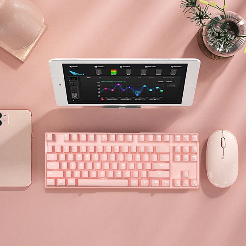 Imagem -02 - Teclado Mecânico Rosa 87 Teclas Três Modos Rgb Bt5.0 2.4g Usb-c Teclado