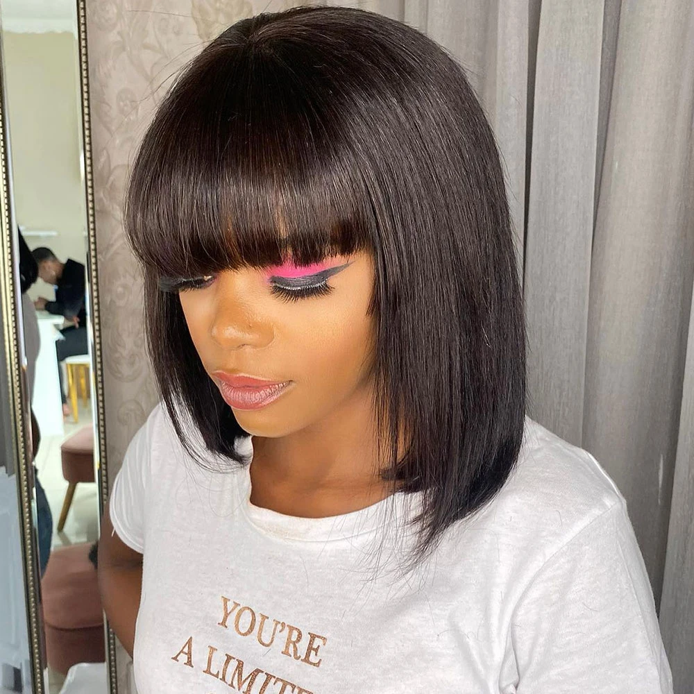 

Short Straight Bob Human Hair Wigs With Bangs Full Machine Made Wigs For Women Human Hair Fashion Brazilian Remy Glueless Wig