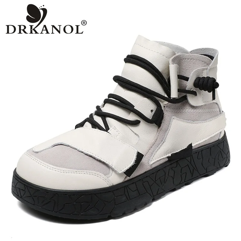 DRKANOL 2024 Fashion Women Sneakers Winter Genuine Leather High Top Slip-On Sneakers Women Flat Platform Casual Shoes H233365Z