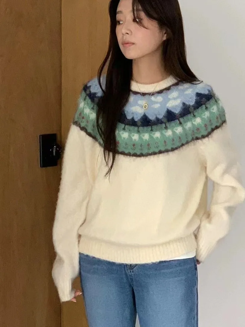 

Thickened Fluffy Knitted Sweater Warm round Neck Pullover Sweater Heba Retro Style Autumn Collection Soft Wool Blend Fashiona...