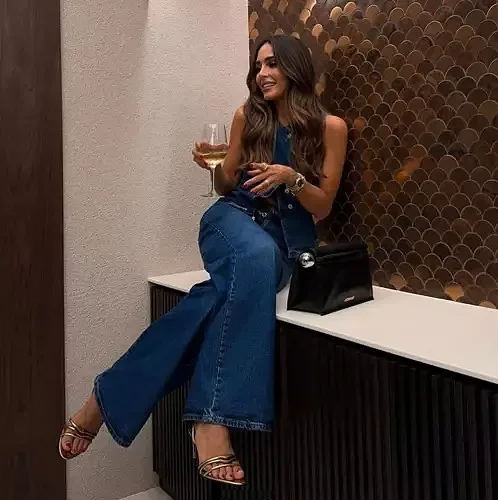 여성 스트릿웨어 데님 베스트 슬리브리스 싱글 브레스티드 디스트레스드 와이드 레그 팬츠 2025 캐주얼 앙상블 2피스 세트