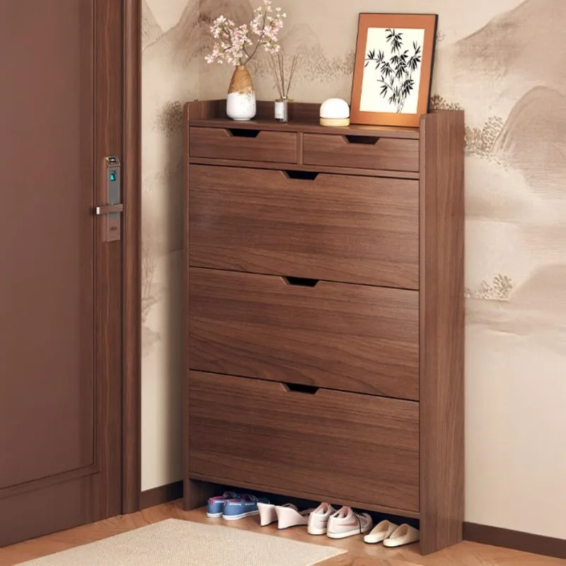 Entrance Nut-brown Wooden Tall Flip Shoe Rack Cabinet Living Room Furniture Luxury Shoe Organizer Two Drawers Large Capacity