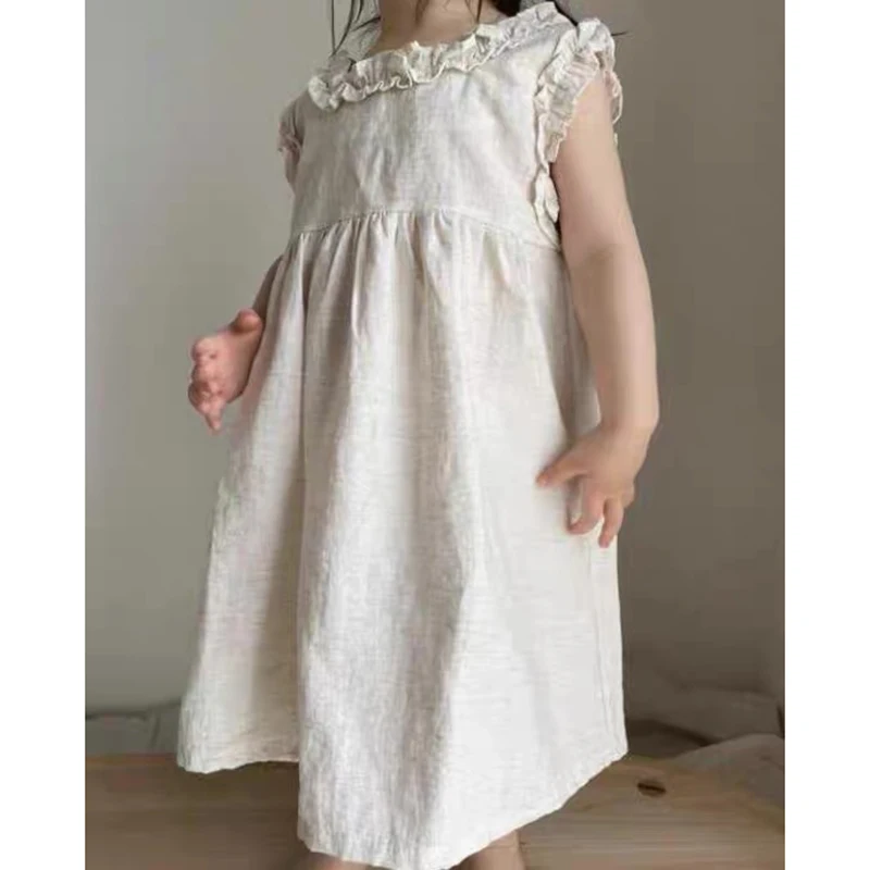 1-6Yrs Solide Leinen Baumwolle Rüschen Ärmel Kinder Kleider Sommer Prinzessin Party Kleid Kleinkind Mädchen A-Linie Sommerkleid Baby Mädchen Kleid