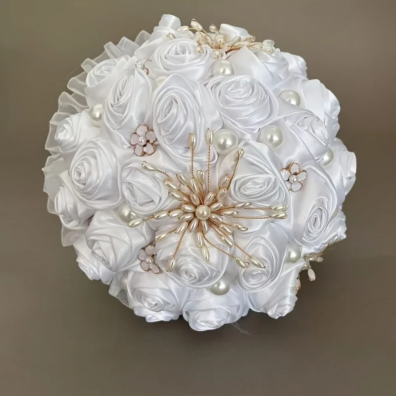 우아한 새틴 진주 신부 부케 - 결혼식, 생일, 발렌타인 데이를 위한 크림 화이트