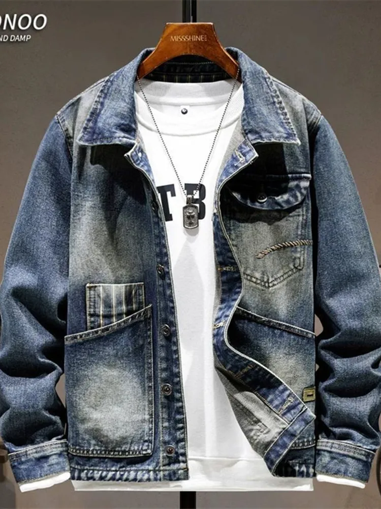 الخريف والربيع موضة جديدة الاتجاه لون نقي الأمريكية خمر ملابس العمل الدنيم سترة الرجال معطف رياضي فضفاض غير رسمي حجم كبير