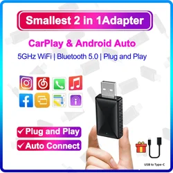 2024 NEW 2in1 Wireless Android Auto Adapter Wireless Apple CarPlay Ai Box USB Type-C Mini Dongle For Audi VW Benz Honda Ford