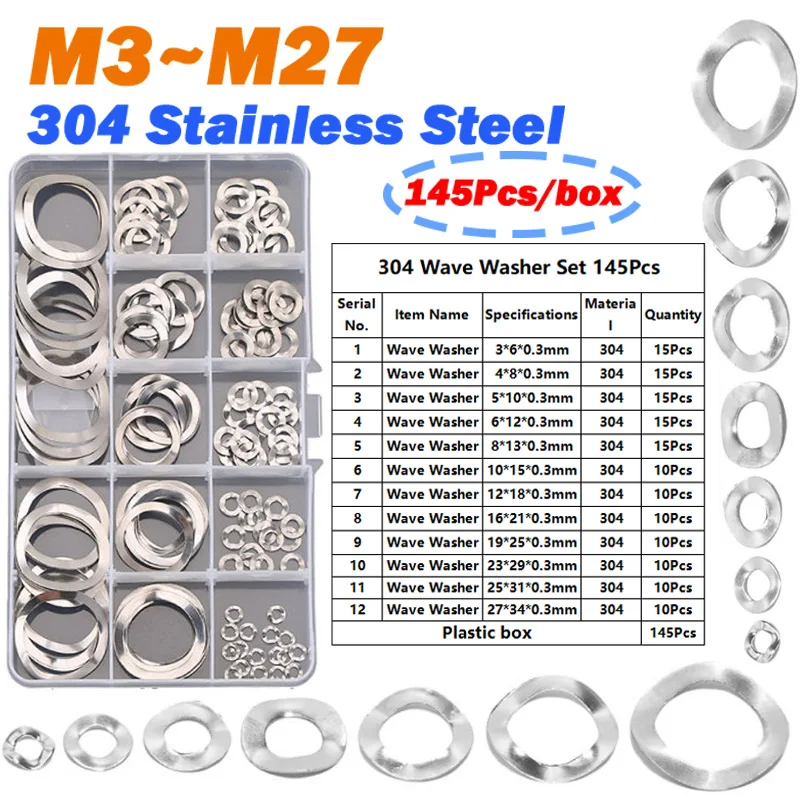 1Box Washer Assortment Kit M3 M4 M5 M6 M8 M10~M27 304 Stainless Steel Corrugated Triple Crest Type Wave Washer Gasket Set Box