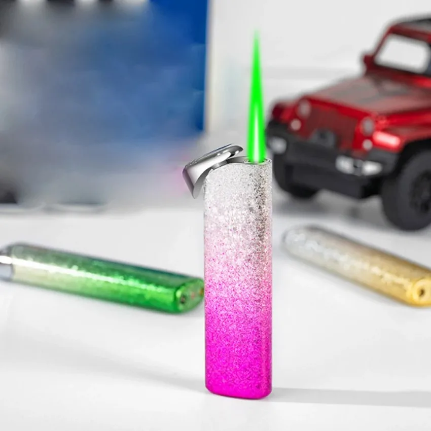 

New Mini Windproof Butane Torch Lighter, Metal Gradient Broken Ice Design Green Flame Refillable Lighter, Cute Gift for Girls