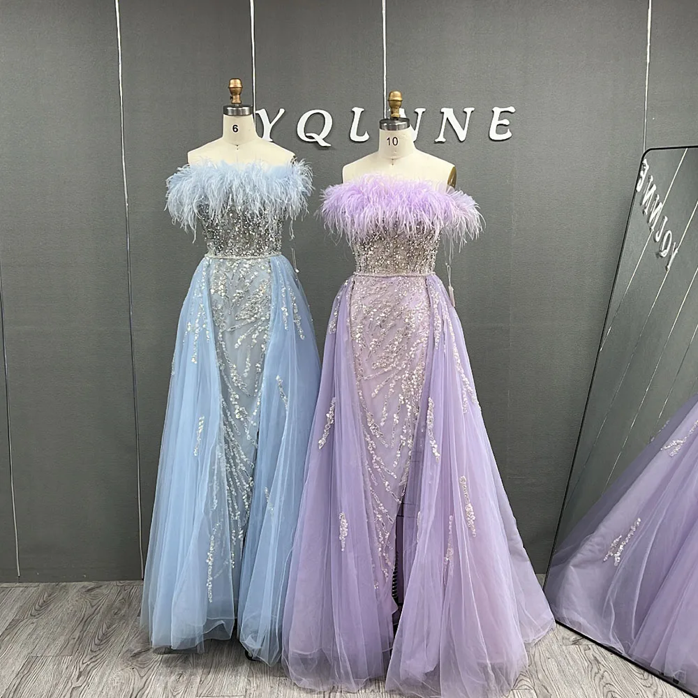 YQLNNE Blue Feathers Long Slit Evening Dresses Crystals Beaded Mermaid Tulle Party Gown