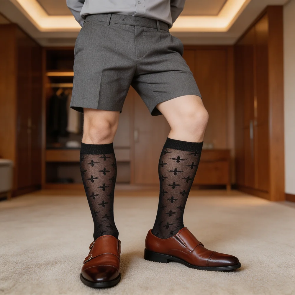 Men's Sheer Knee High Dress Socks Black Cross Pattern Business Formal Nylon Breathable Sexy Stockings for Suit Office Party