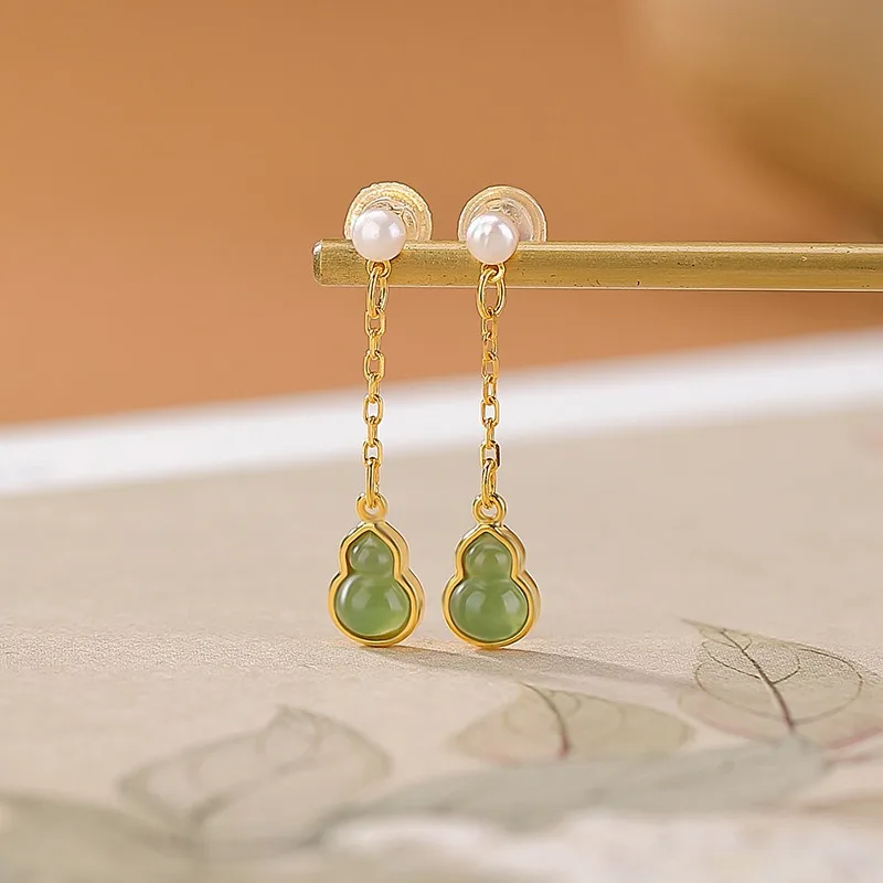 

TIMESWIND Natural Hetian Jade Green Gourd Pendant Women Silver Pearl Earring with Certificate