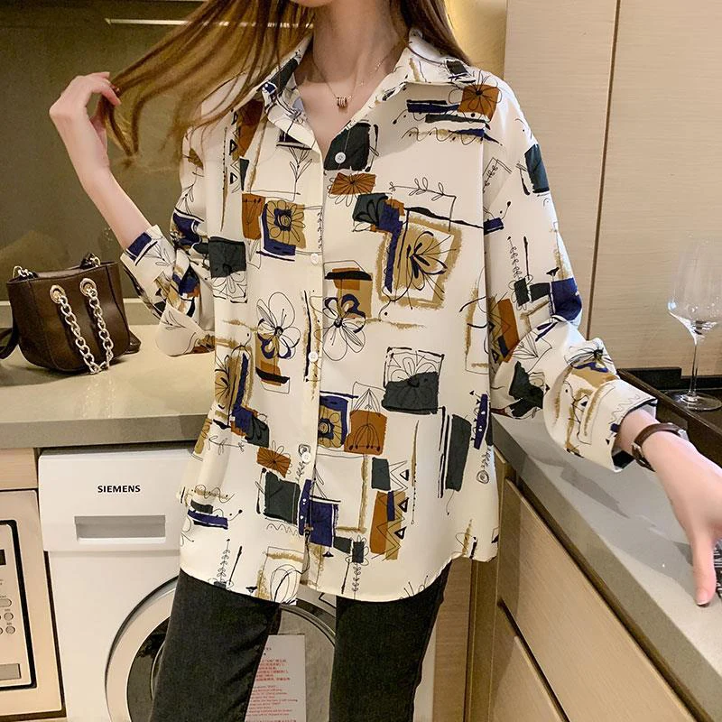 Spring Autumn Y2K Korean Trend Print Lady Blouse Buttons Long Sleeve Chiffon Shirt Elegant Fashion All-match Blouse Top Women