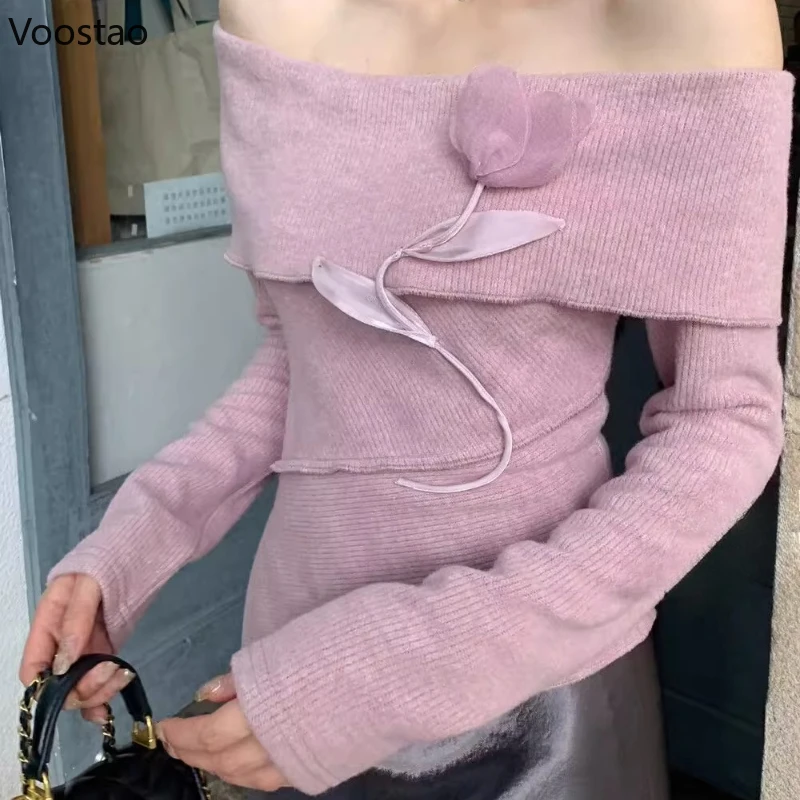 Herfst Zoete Gebreide Trui Vrouwen Sexy Chic Off Schouder Tulp Bloemen Truien Vrouwelijke Koreaanse Casual Lange Mouw Truien Tops
