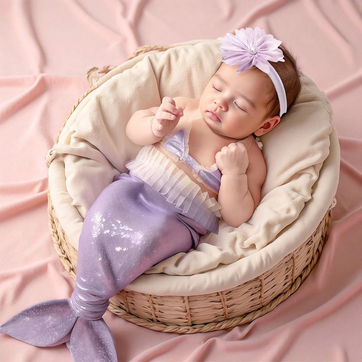 2Pcs Newborn Photography Mermaid Tail For Kids Girls Cosplay Mermaid Cosplay Beach Swimsuit For Ages 0-3Month