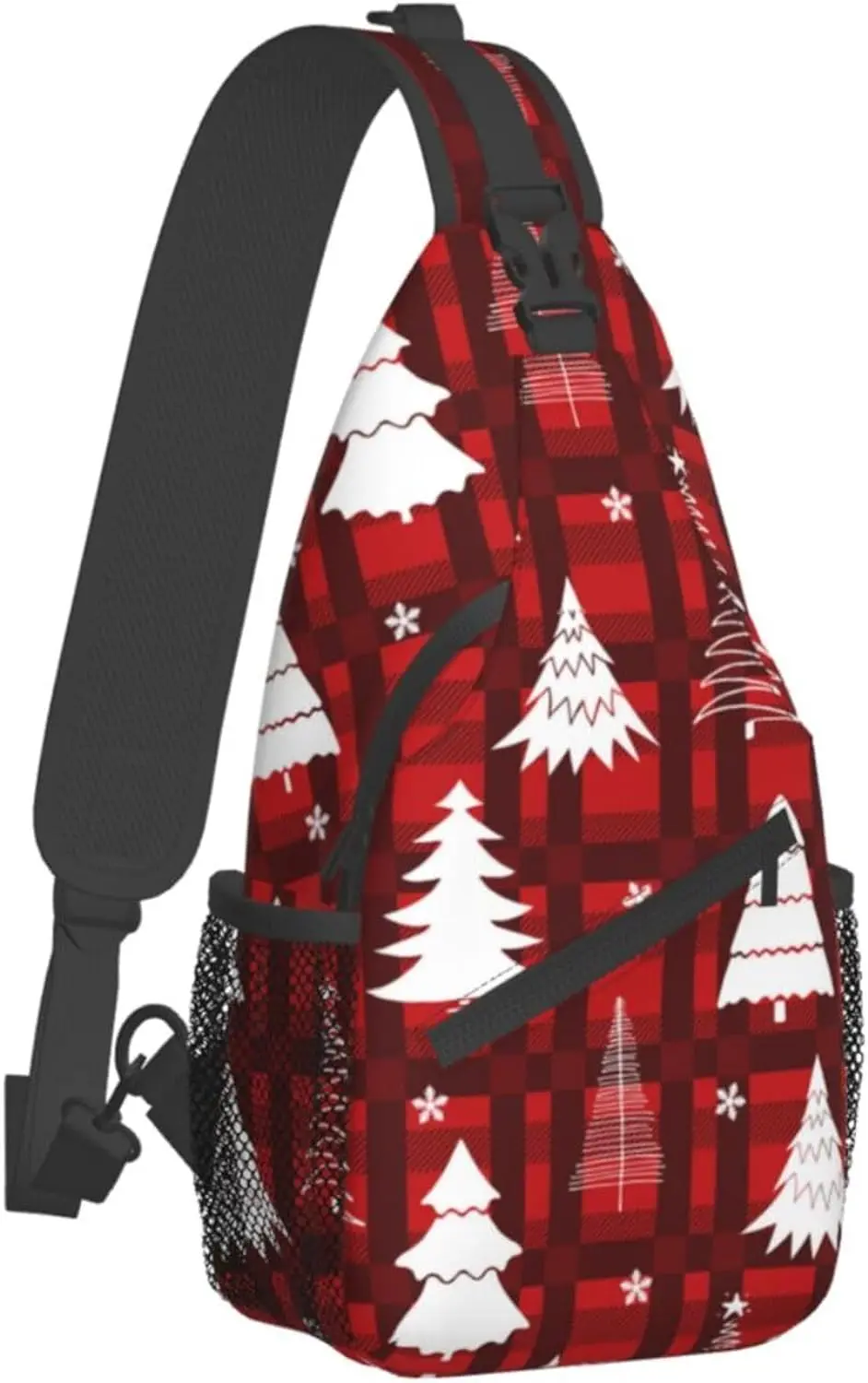 Red Christmas Tree Plaid Crossbody Sling Mochila, Xmas Snowaflake Peito Bag, mochila para caminhadas, viajando, ao ar livre