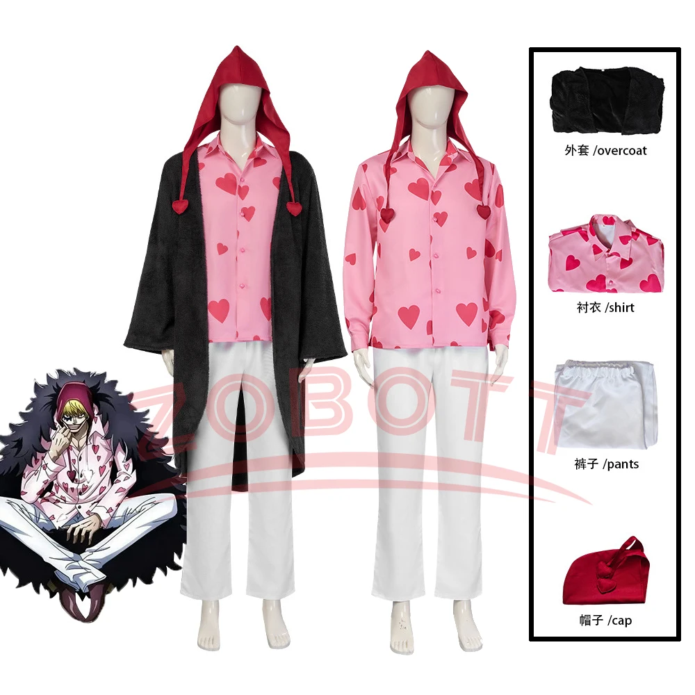 

Donquixote Rosinante Corazon Cosplay Costume Black Plush Jacket Cloak Pink Shirt Red Hats White Pant Man Halloween Carnival Suit