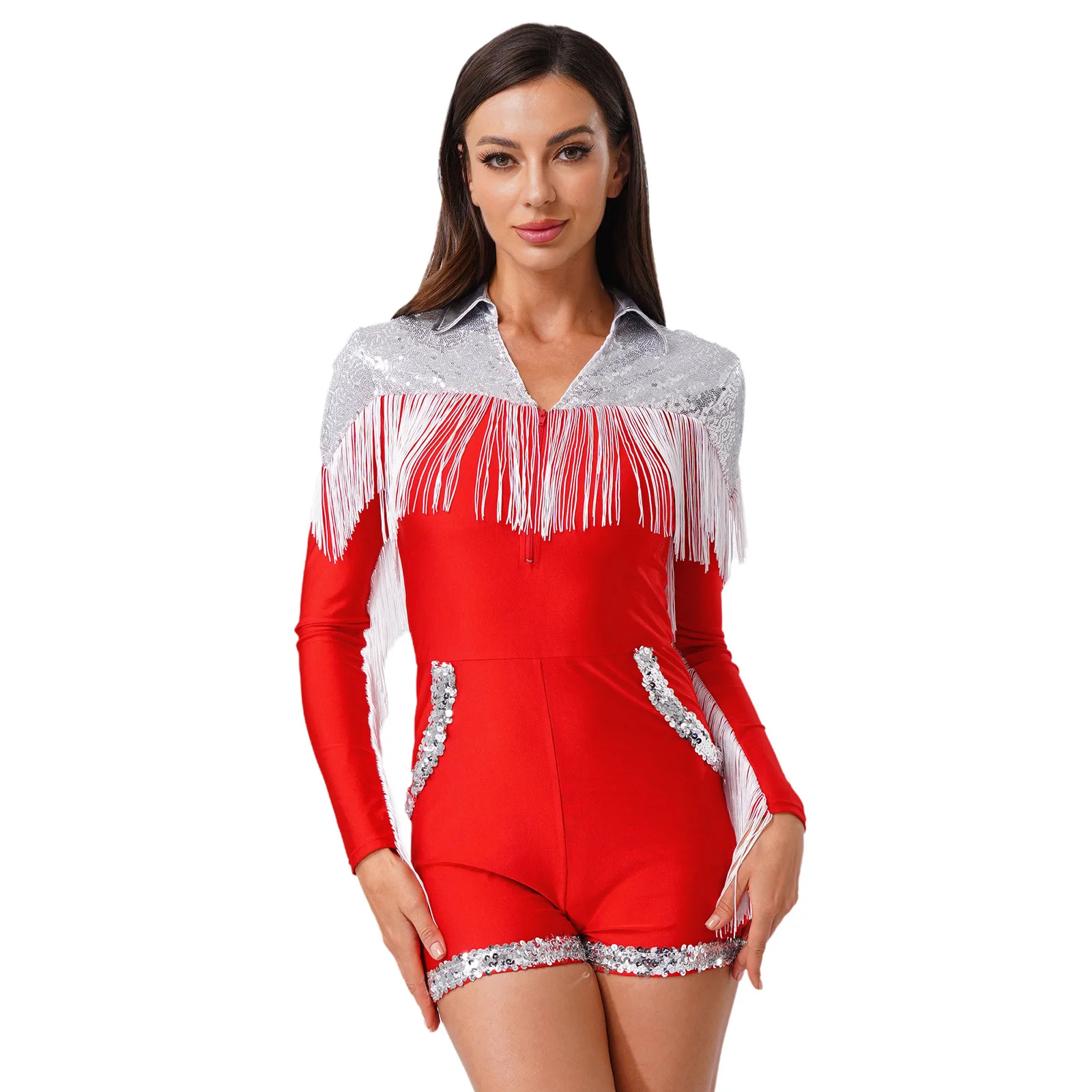 

Women Halloween Western Cowgirl Costumes Boyshorts Bodysuit Long Sleeve Tassel Fringe Sequins Leotards 70s 80s Disco Dancewear