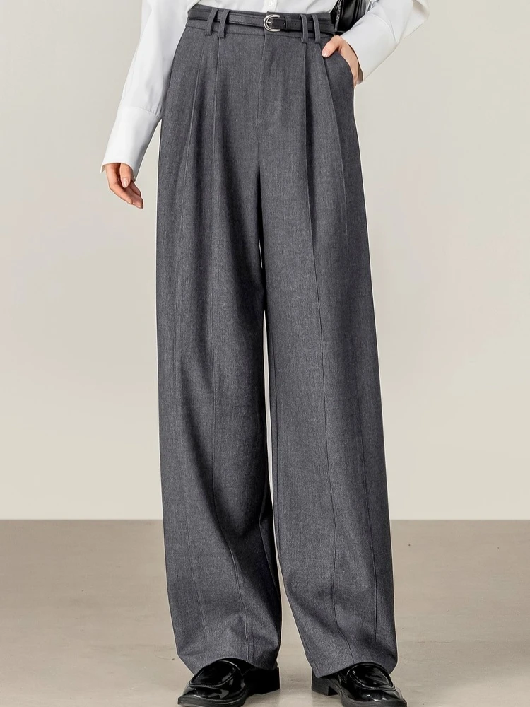 

SENTUBILA Grey Scythe Pants for Woman 2025 Autumn New Arrival Drawstring Waist Wide-Leg Pants Dual Pleat Design 153K58921