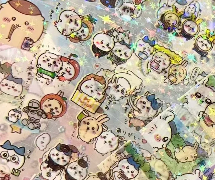 Kawaii Chiikawa Laser Stickers Cute Cartoon Double Transparent Cut Film Decorative Vintage Scrapbook Supplies