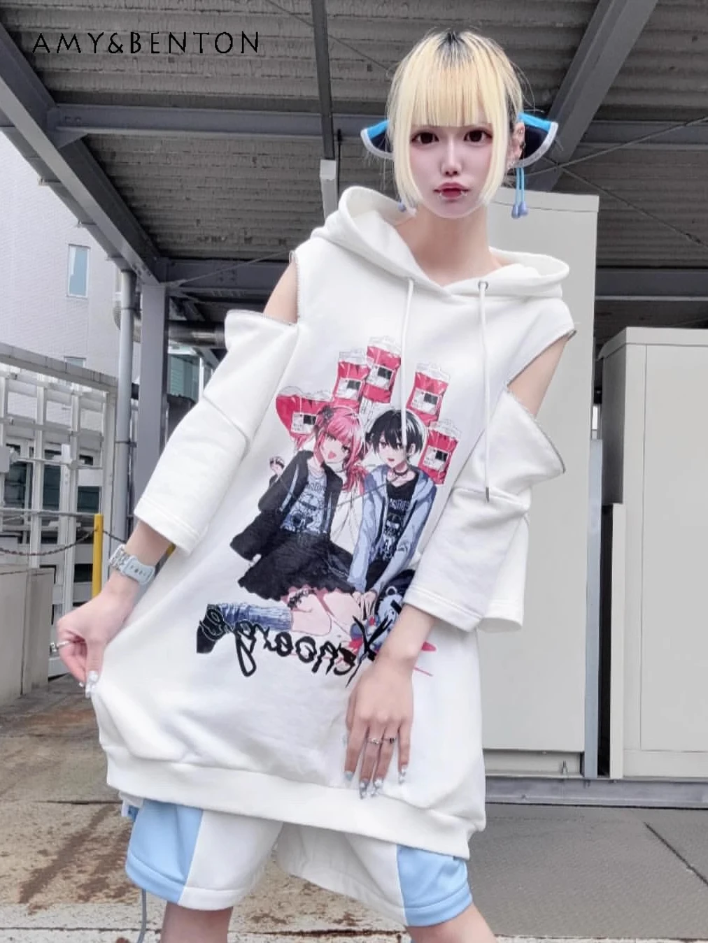

Mine Subculture Dark Girl Zipper Off-the-shoulder Long-sleeved Oversized Sweatshirt Punk Gothic Animation Print Hoodies Women