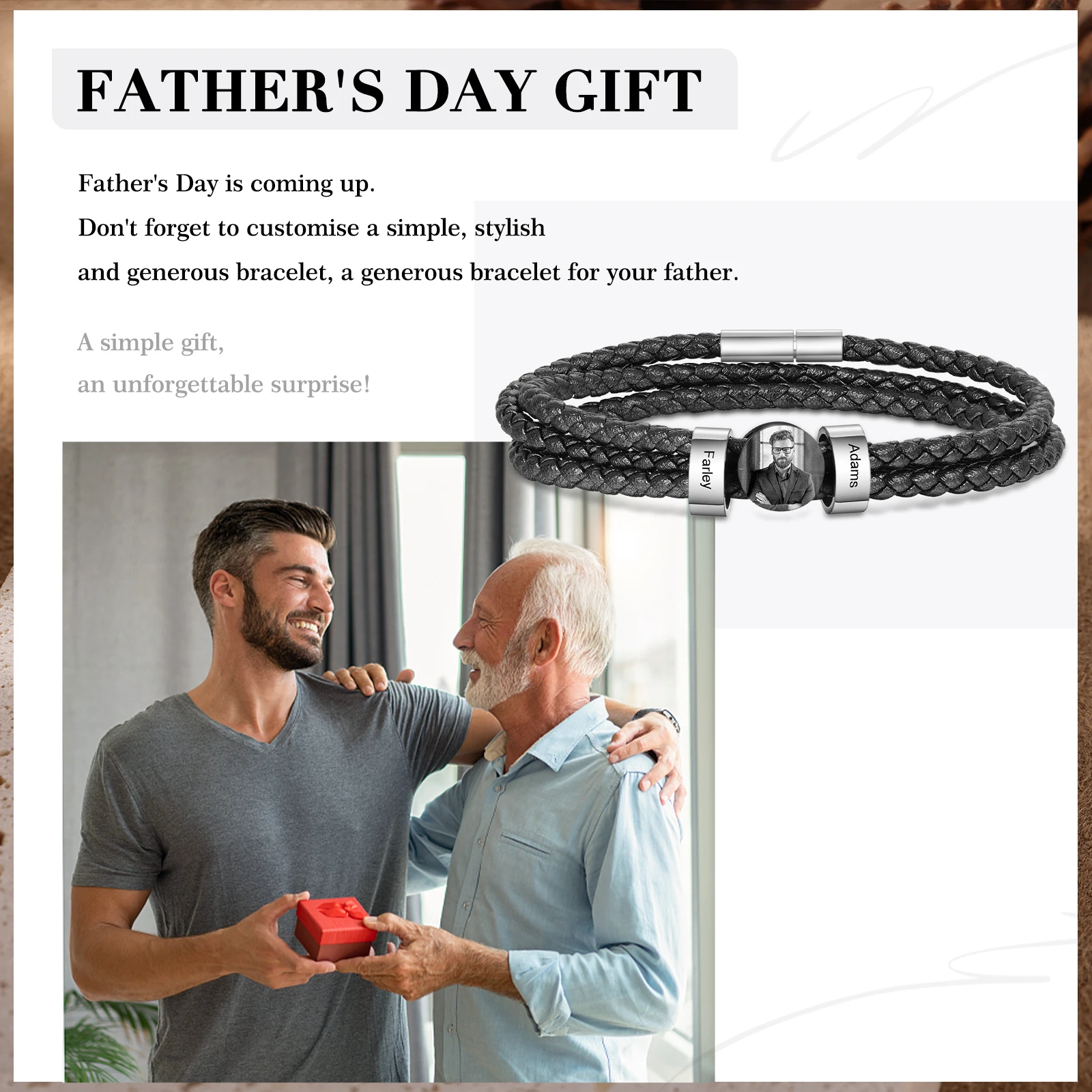 Personalize Men Leather Charm Bracelet with Beads 2 3 4 5 6 Names Photo Bangle Stackable Jewelry Gift for Father Dad Grandpa Son