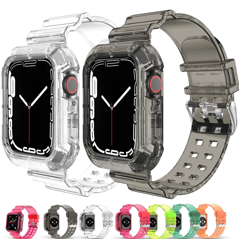 Temizle kayış + kılıf Apple izle serisi 5 SE 6 4 42mm 44mm 38 40 şeffaf için iwatch Ultra 8 7 41mm 45mm 49mm plastik bant