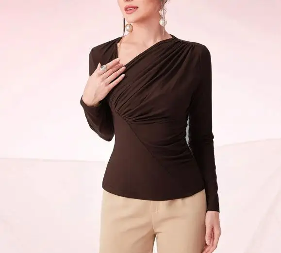 

Women's Slim Fit Pleated Base Shirt Long Sleeved Slanted Collar Top for Autumn Winter Temperament Commuting Style