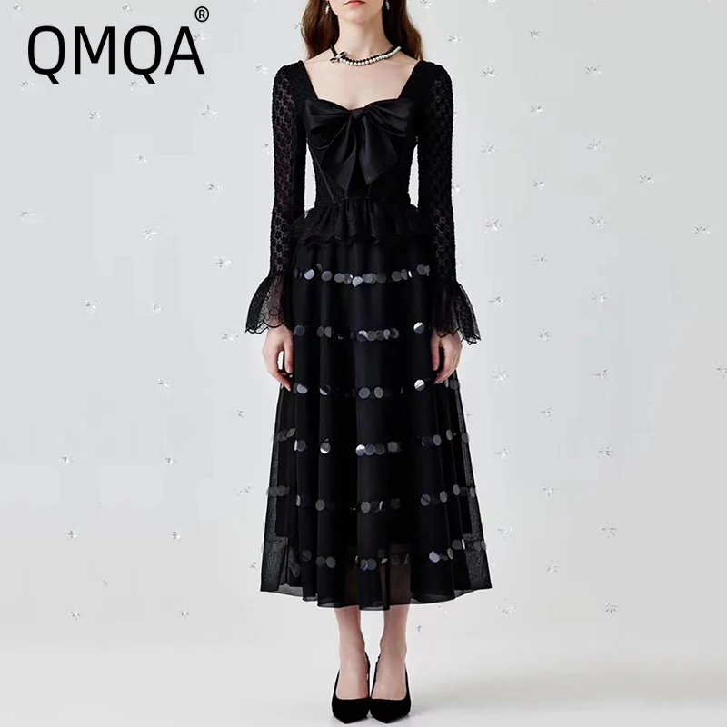 QMQA Fashion Women's Elegant 2 Piece Set Lace Flare Sleeve Bead Black High Waist A-line Skirt Sets 2025 Female Spring New QM108