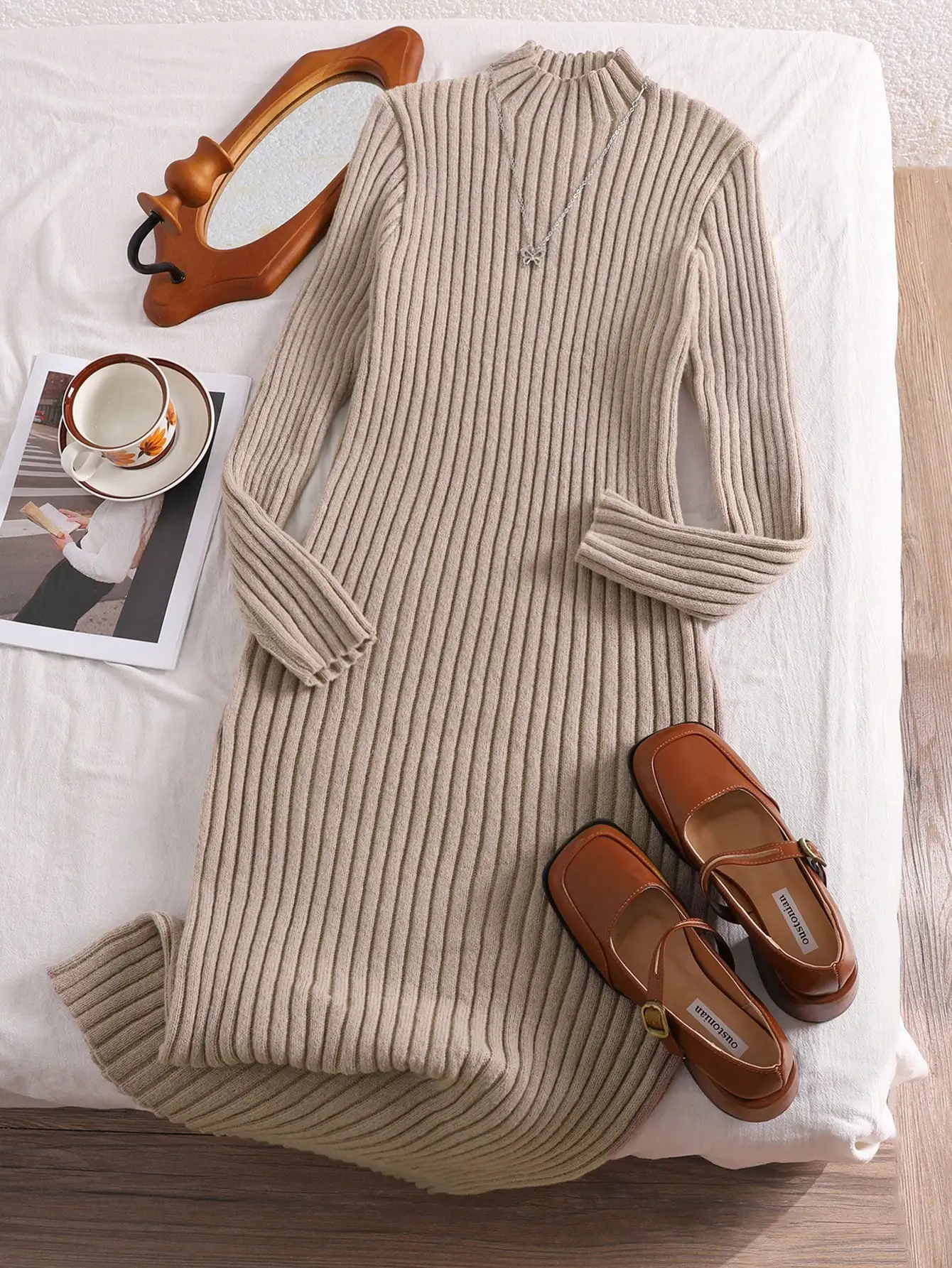 

Платье-свитер крупного размера в рубчик с воротником-стойкой, длинными рукавами, эластичное и теплое, для повседневной носки осенью и зимой