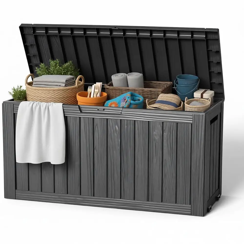 

Уличный ящик для хранения объемом 85 галлонов, водонепроницаемый, УФ-стойкий, из полимерной смолы, с усиленной стабильностью, для патио, сада, зоны у бассейна, полосатый, черно-белый