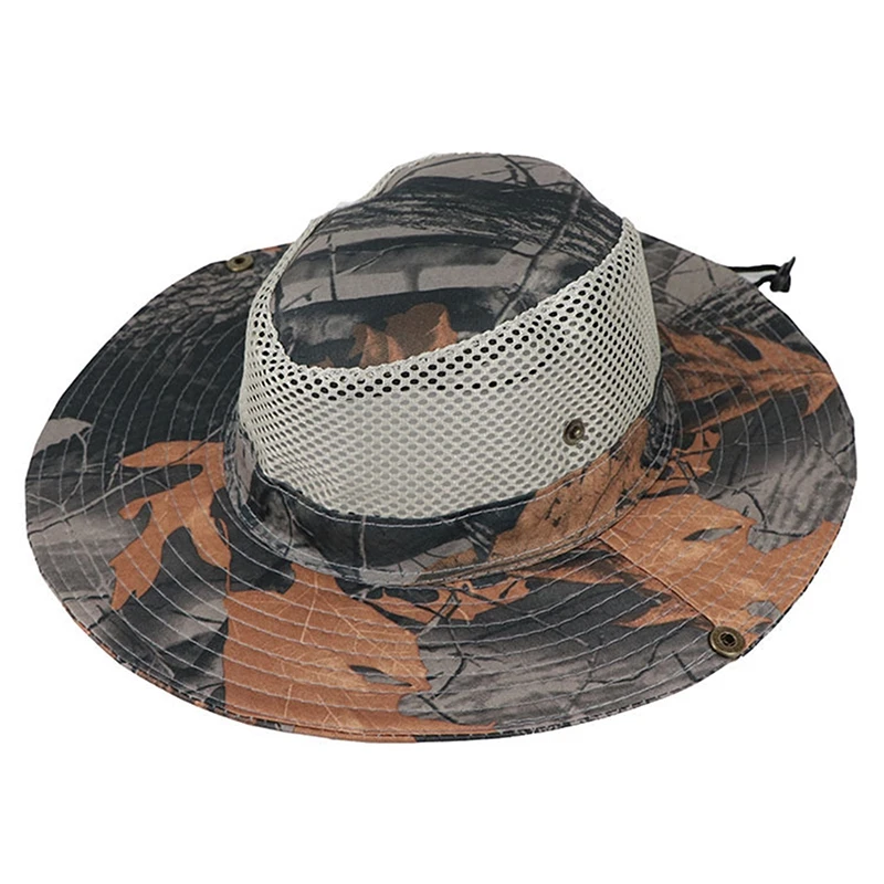 Summer Breathable Mesh Camouflage Stitching Wide Brim Bucket Hats for Men Hunting Hiking Fishing Climbing Sun Hat