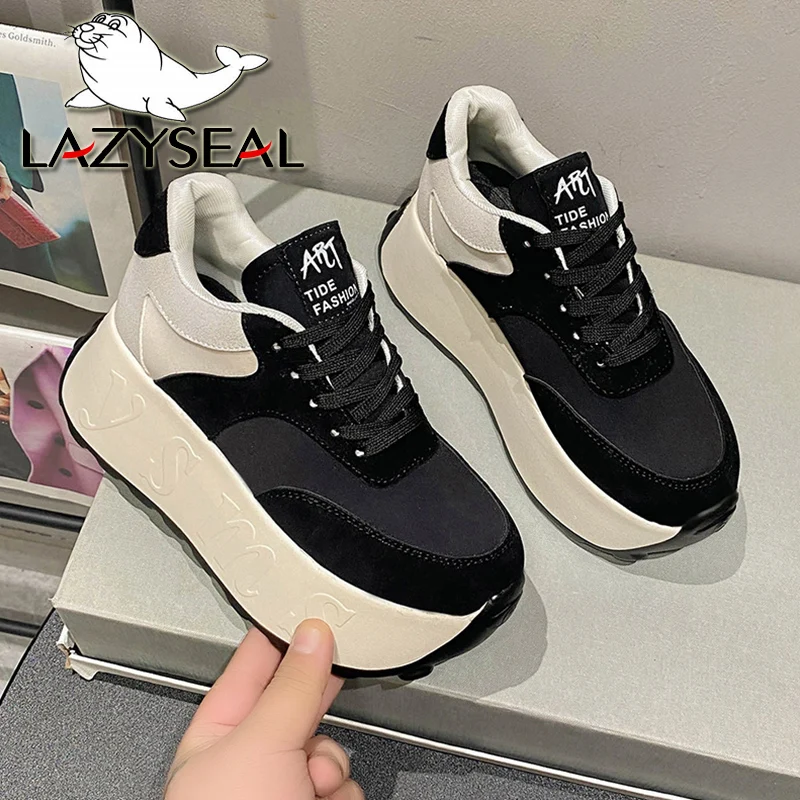 LazySeal 7.5cm High Boots Women Platform Shoes Solid Color Lace Up Spring Autumn Sneakers Chunky Sneaker Wedge White Casual Shoe